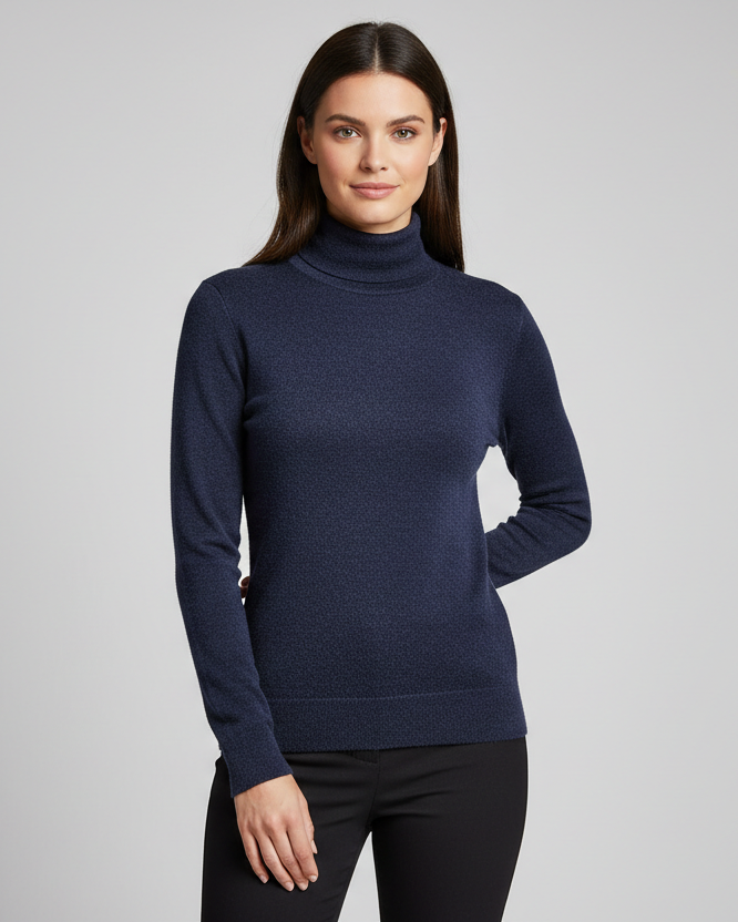 maglia dolcevita in lycra felpata blue navy, indossata da modella